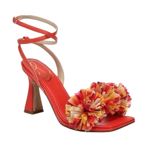 Sam Edelman | Clare Ankle Strap Heels Pom Pom Details in Bright Poppy Size 7 - Picture 1 of 6